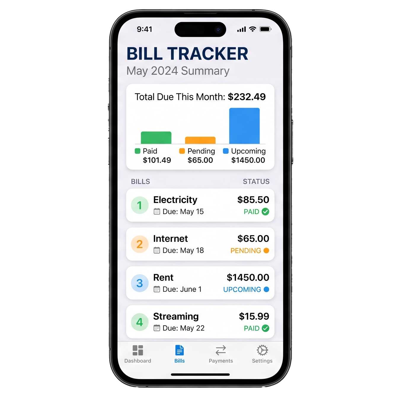 Bill Tracker app on a phone, showing a monthly summary with paid, pending, and upcoming bill totals.